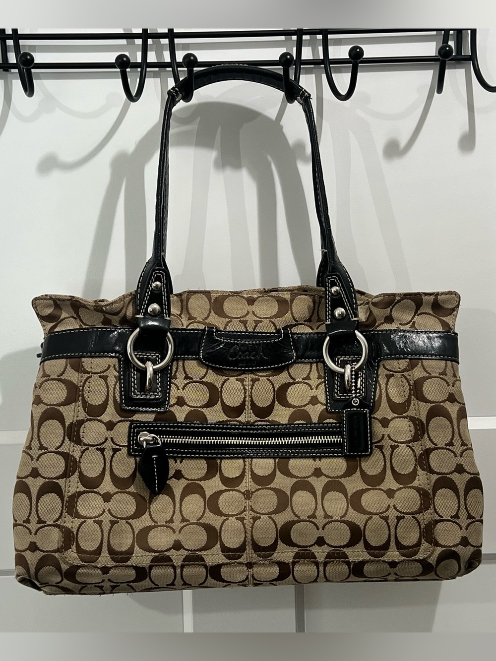 Coach Penelope Signature Handbag in Brown Canvas with Black Leather Trim